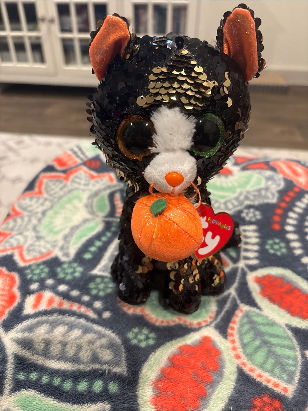 Ty Flippables Sequin Black & Gold Cat with Orange Pumpkin